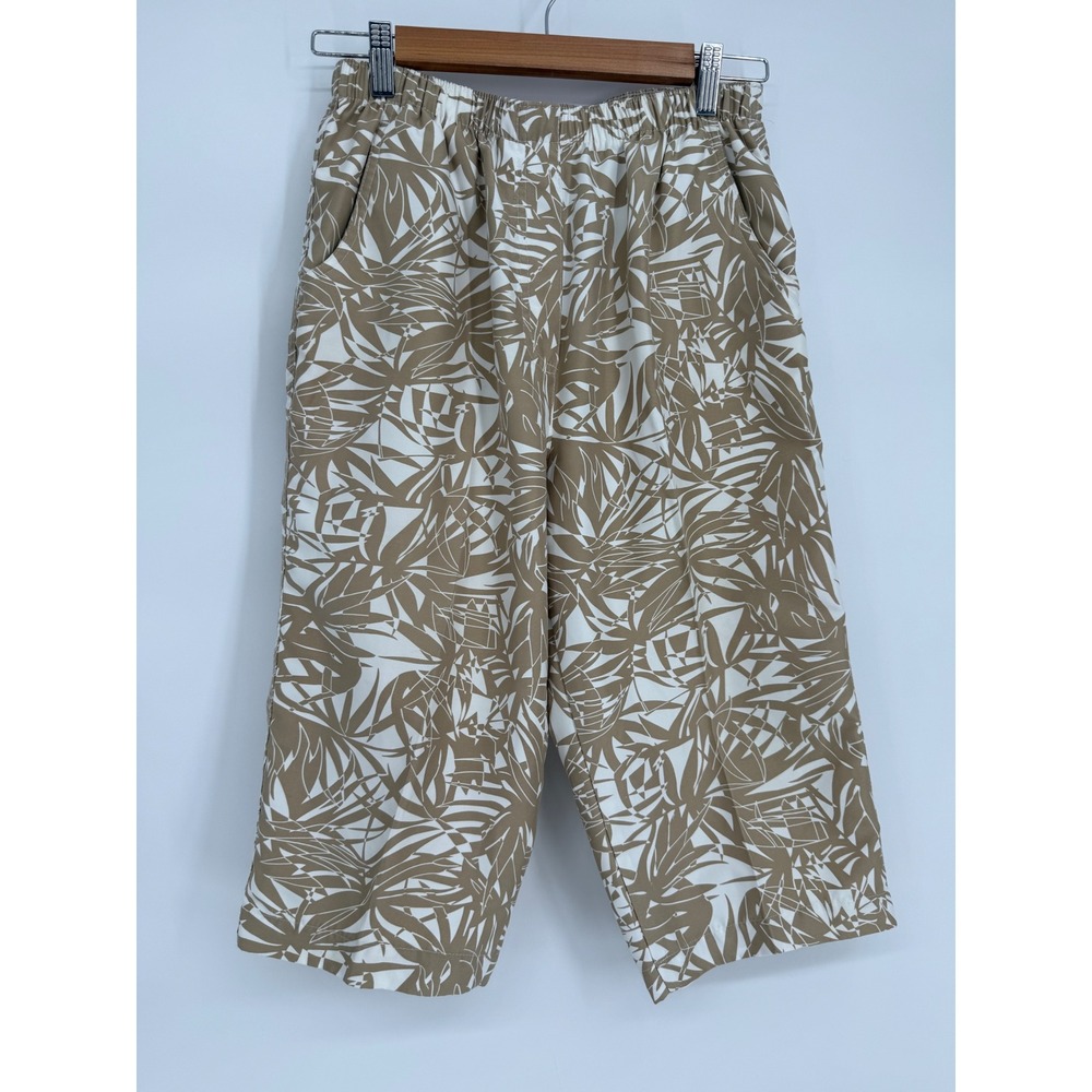 Alia Tan White Palm Leaf Print Elastic Cropped Wide Leg Pants Sz (see pics)